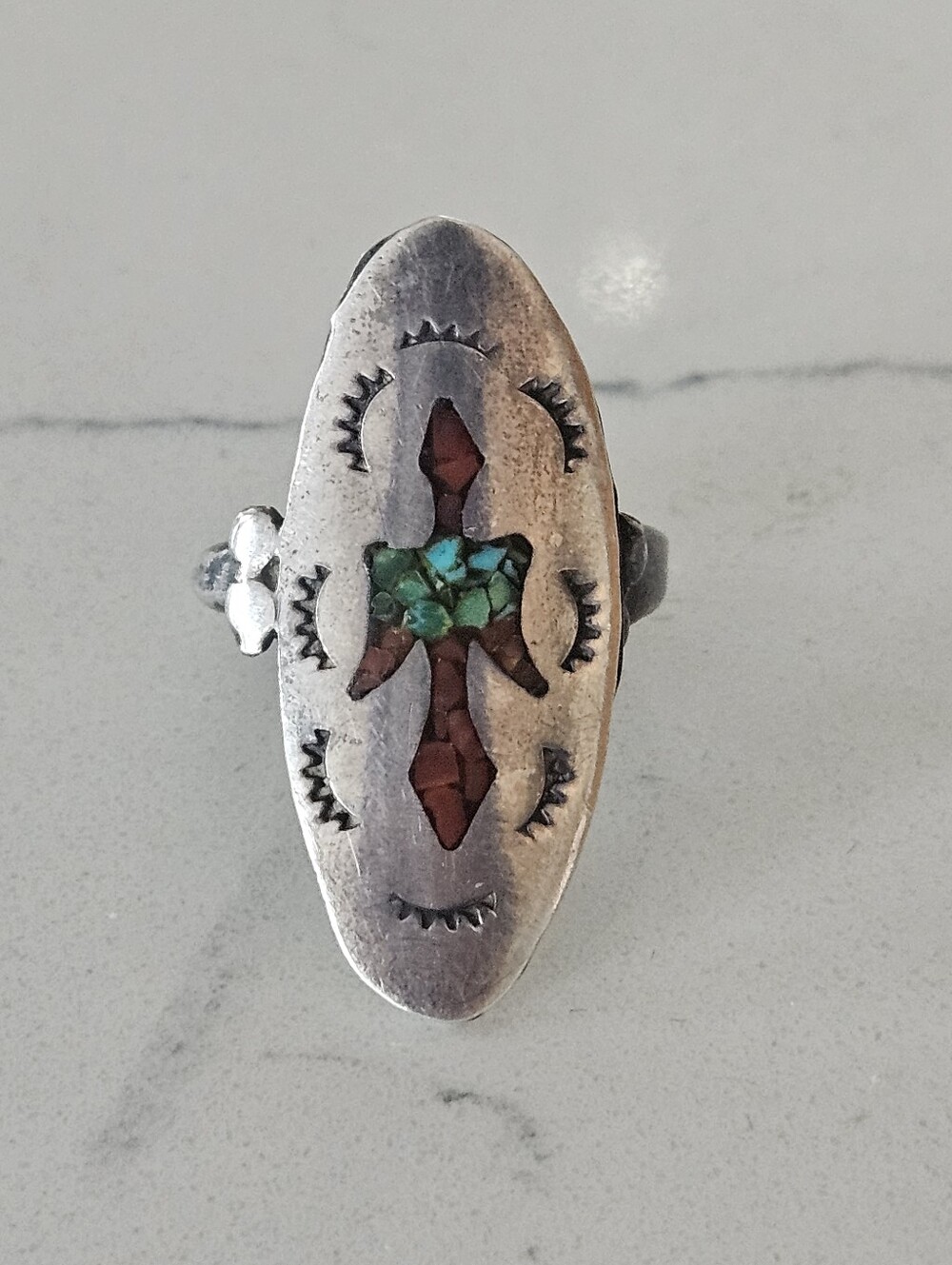 Vintage Zuni Sterling Silver Inlaid Turquoise & Coral Peyote Bird Ring